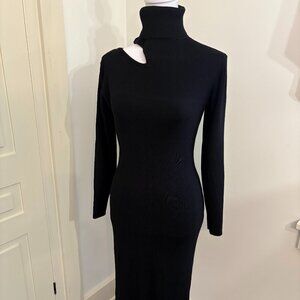 Black Rib Knit Long-Sleeved Turtleneck Dress with Shoulder Slit, Medium